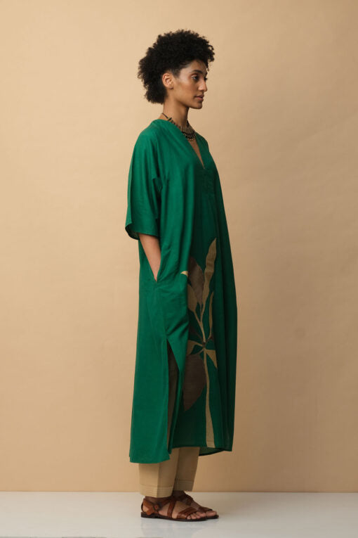 Tropical Leaf Applique Kaftan Green Lounge Wear by Mallika Mathur for women Worldwide