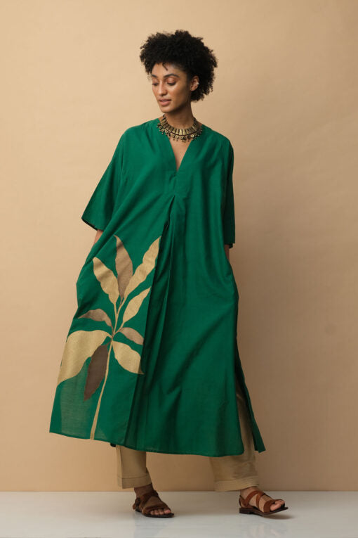 Tropical Leaf Applique Kaftan Green Lounge Wear by Mallika Mathur for women Worldwide