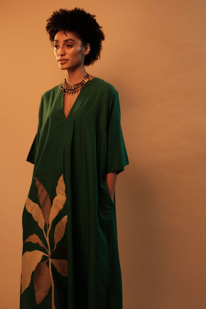 Tropical Leaf Applique Kaftan Green Lounge Wear by Mallika Mathur for women Worldwide