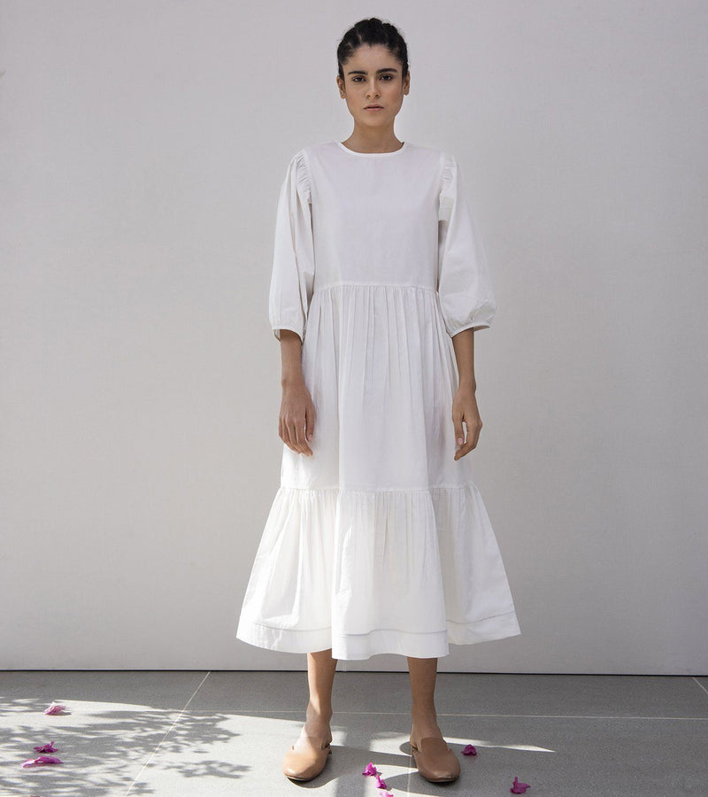 Tuberose Tiered Dress Dress by Khara Kapas in white for women Worldwide