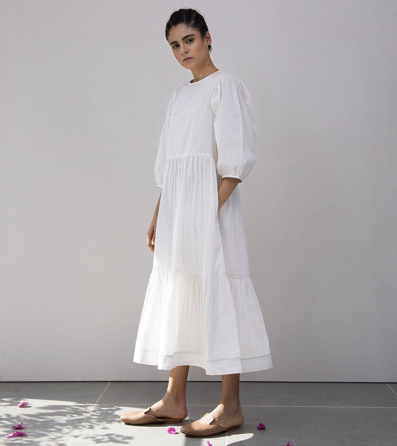 Tuberose Tiered Dress Dress by Khara Kapas in white for women Worldwide