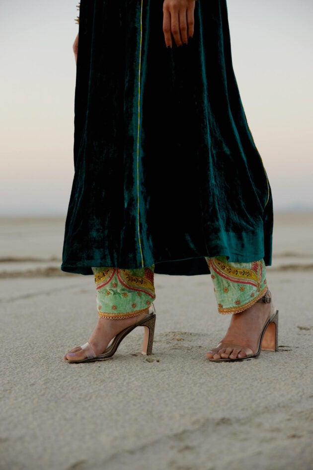 TURQUOISE GREEN SIDE KALI SILK VELVET KURTA SET Kurta Sets by Rajiramniq for women Worldwide