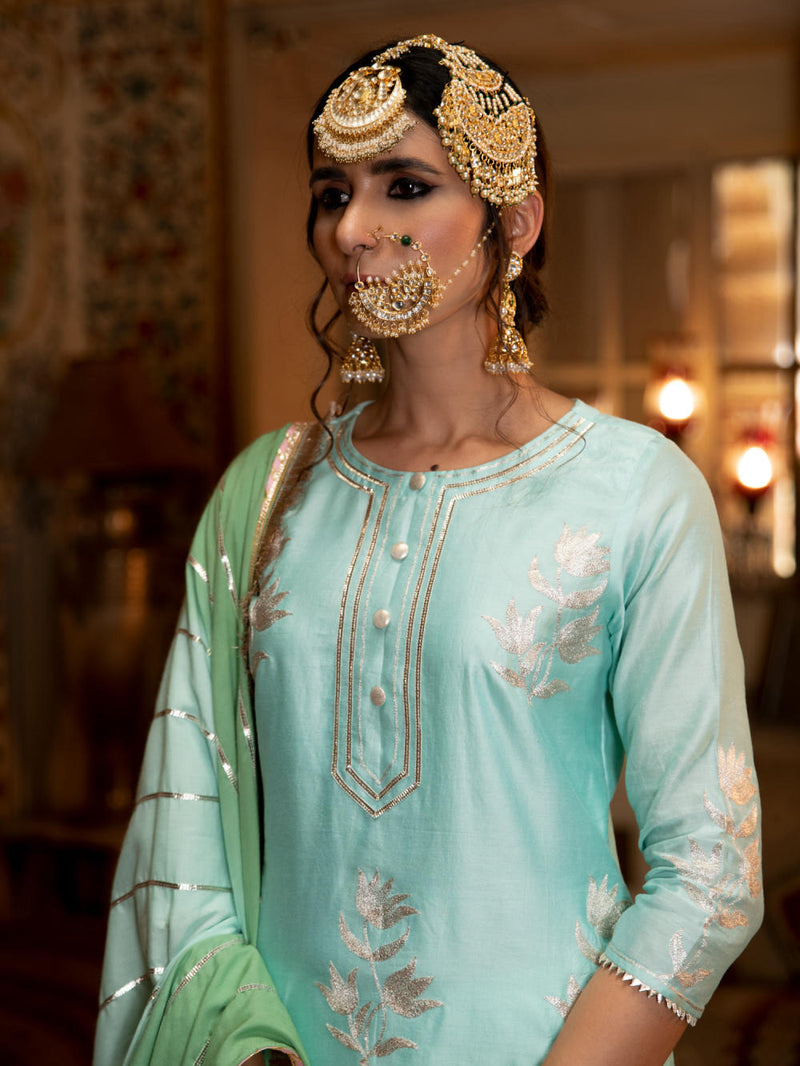 Ulfat - Firoza Chanderi Silk Kurta Salwar Set Kurta Sets by Maison Shefali for women Worldwide
