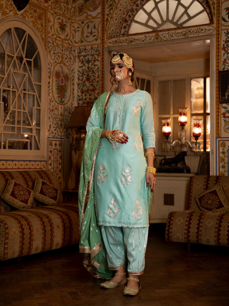Ulfat - Firoza Chanderi Silk Kurta Salwar Set Kurta Sets by Maison Shefali for women Worldwide