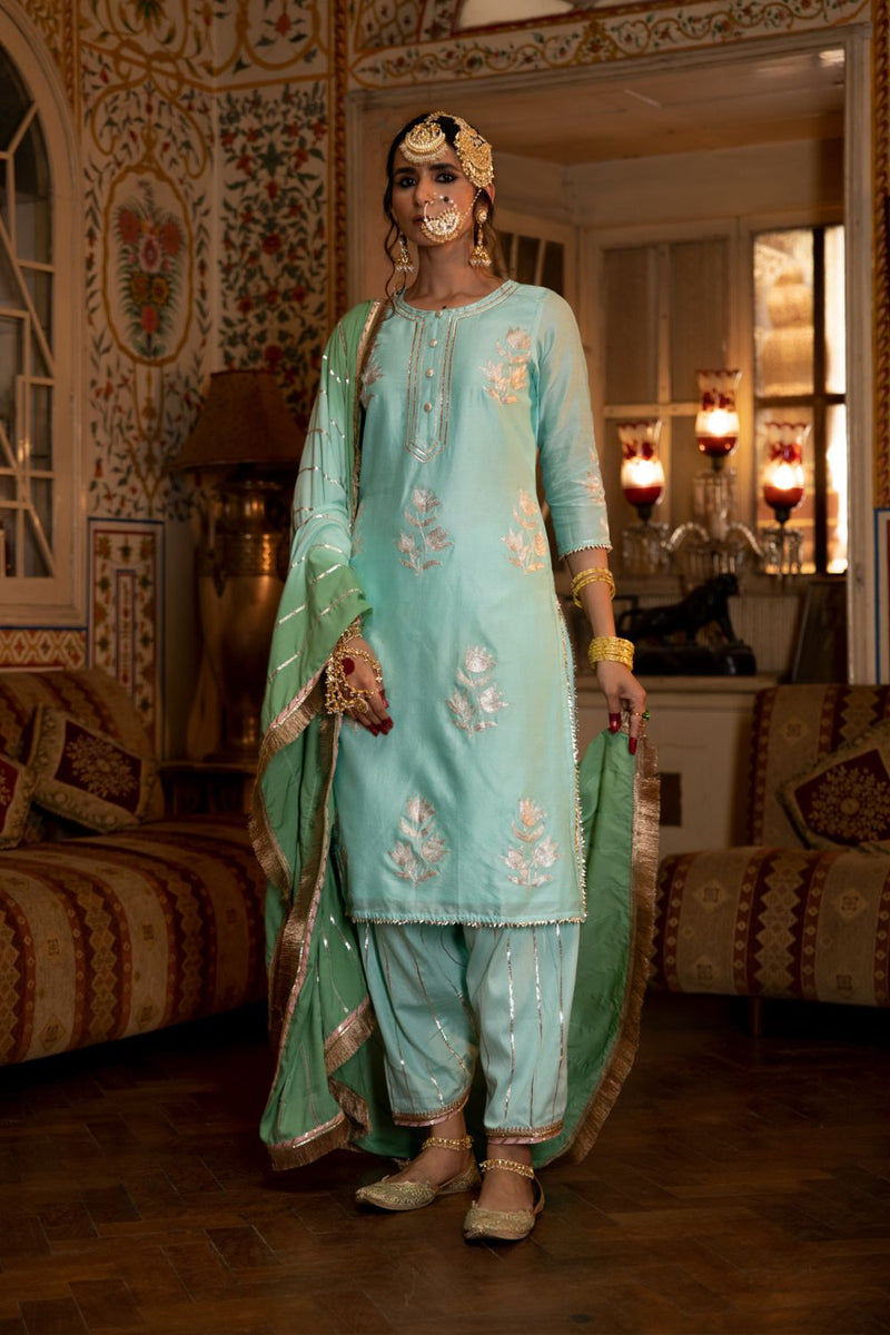 Ulfat - Firoza Chanderi Silk Kurta Salwar Set Kurta Sets by Maison Shefali for women Worldwide