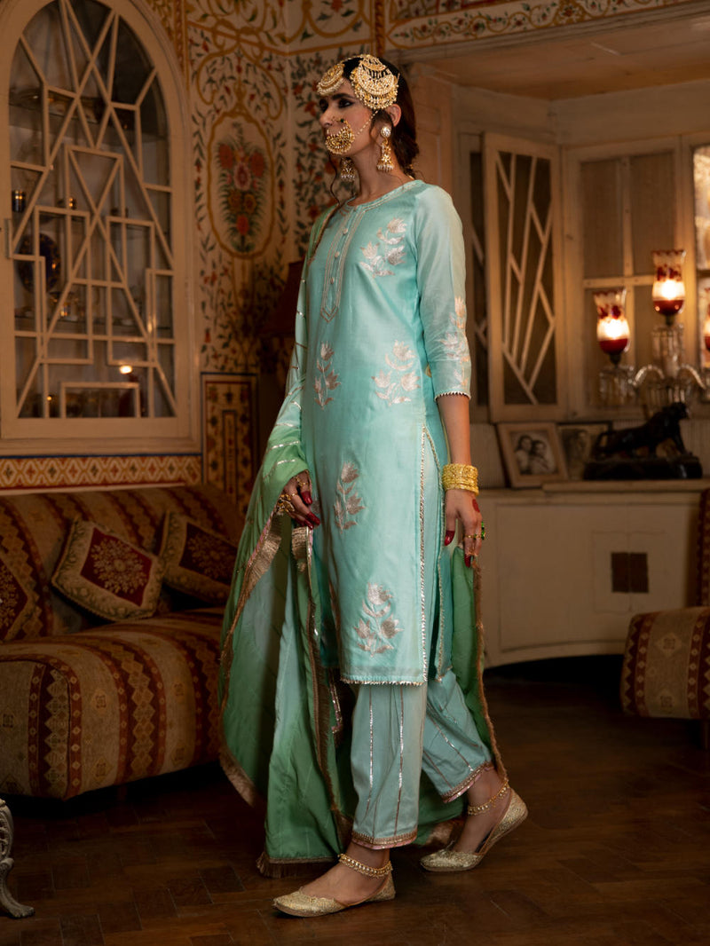 Ulfat - Firoza Chanderi Silk Kurta Salwar Set Kurta Sets by Maison Shefali for women Worldwide