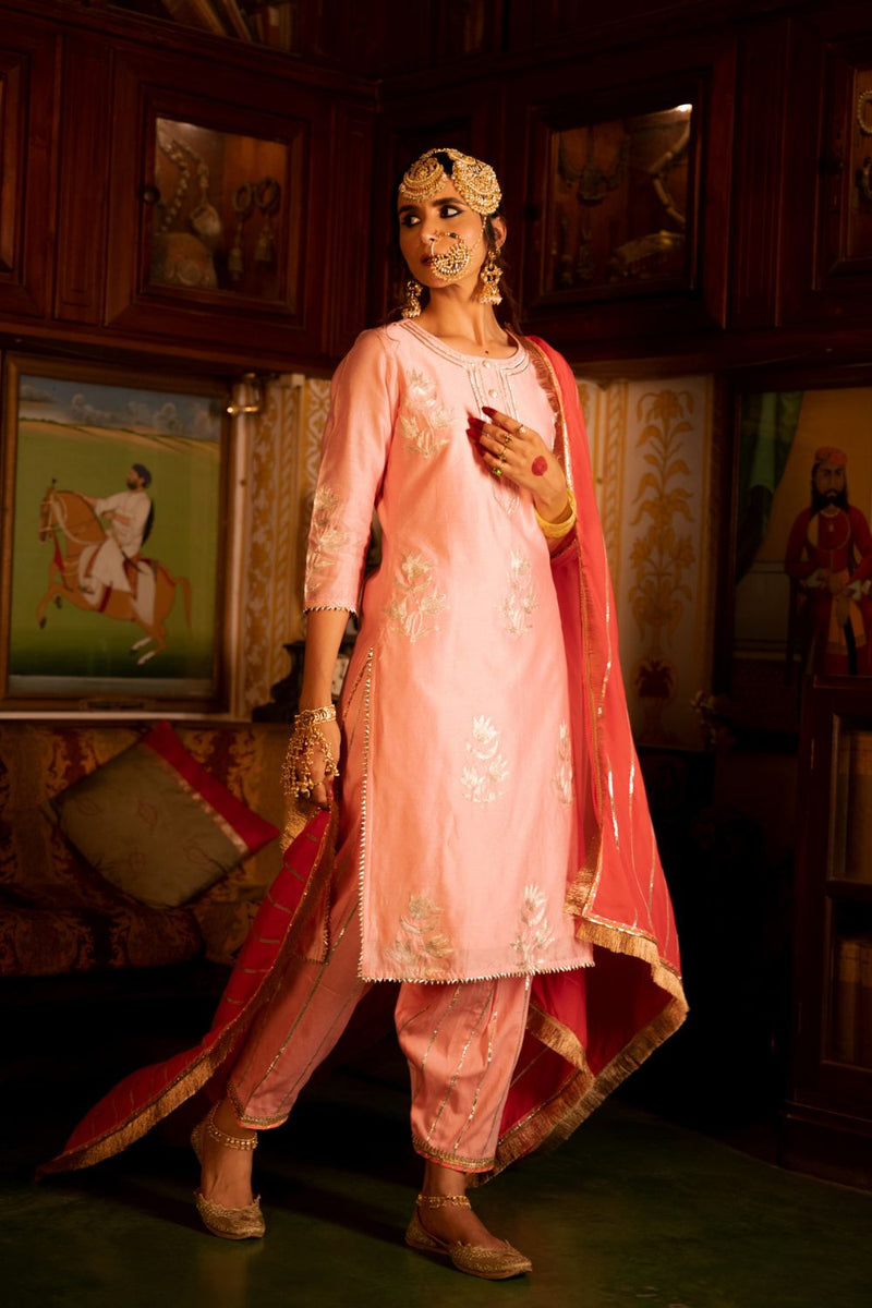 Ulfat - Gulaabi Chanderi Silk Kurta Salwar Set Kurta Sets by Maison Shefali for women Worldwide