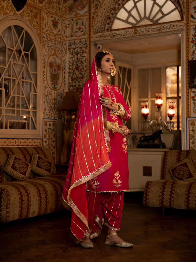 Ulfat- Surkh Chanderi Silk Kurta Salwar Set Kurta Sets by Maison Shefali for women Worldwide
