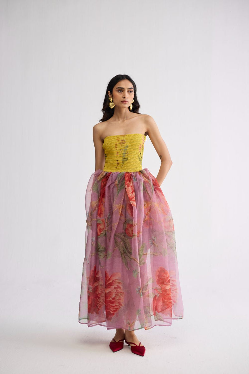 BERRY SMOCKED ORGANZA DRESS cotton & organza dress by YAM in multicolor for women Worldwide