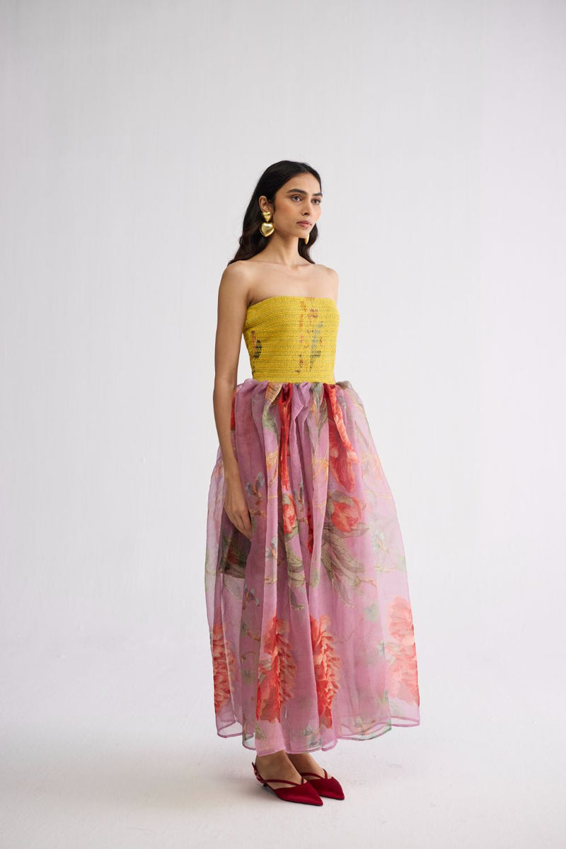 BERRY SMOCKED ORGANZA DRESS cotton & organza dress by YAM in multicolor for women Worldwide