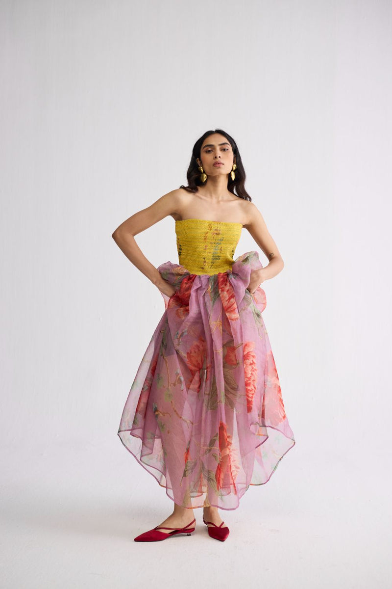 BERRY SMOCKED ORGANZA DRESS cotton & organza dress by YAM in multicolor for women Worldwide