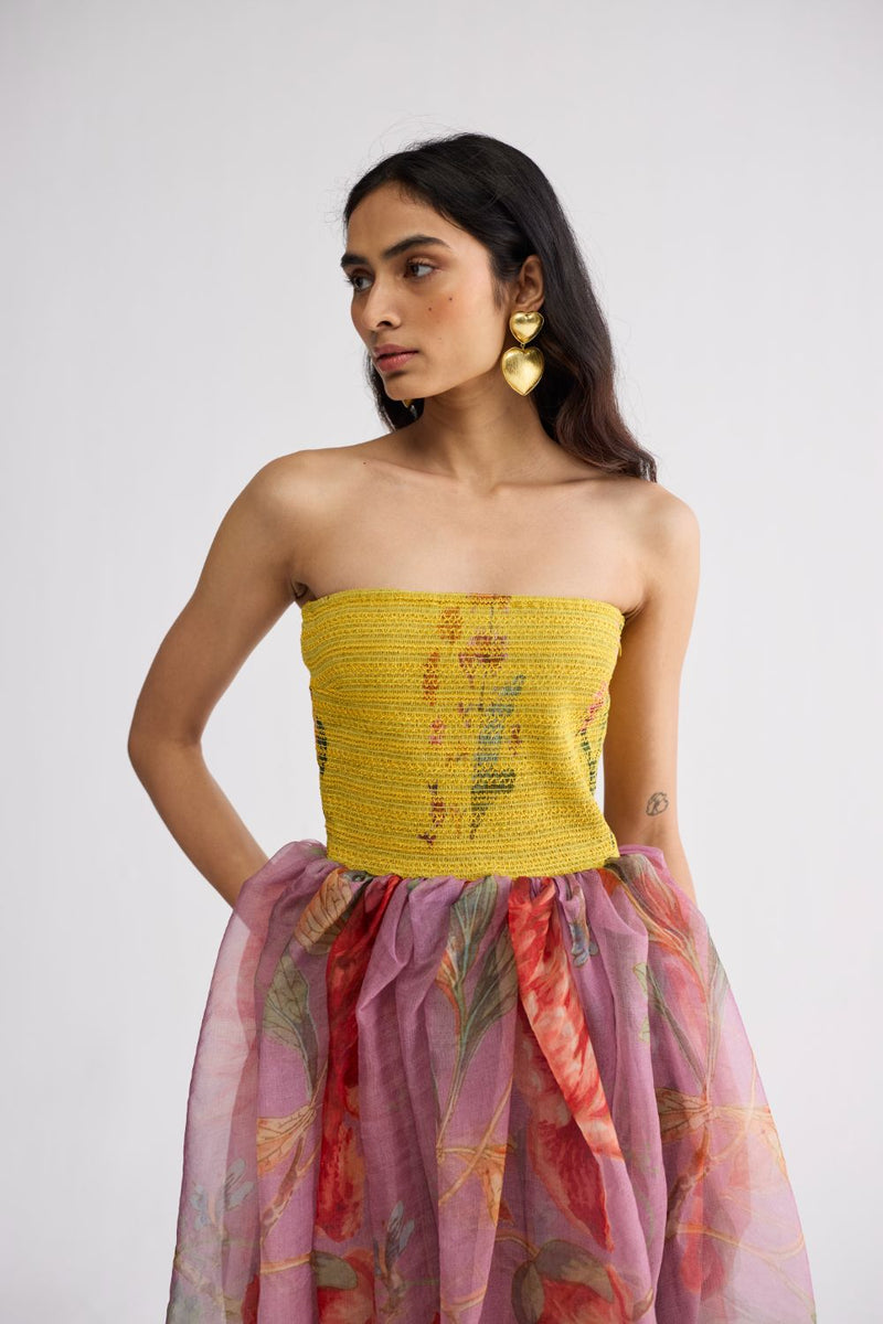 BERRY SMOCKED ORGANZA DRESS cotton & organza dress by YAM in multicolor for women Worldwide