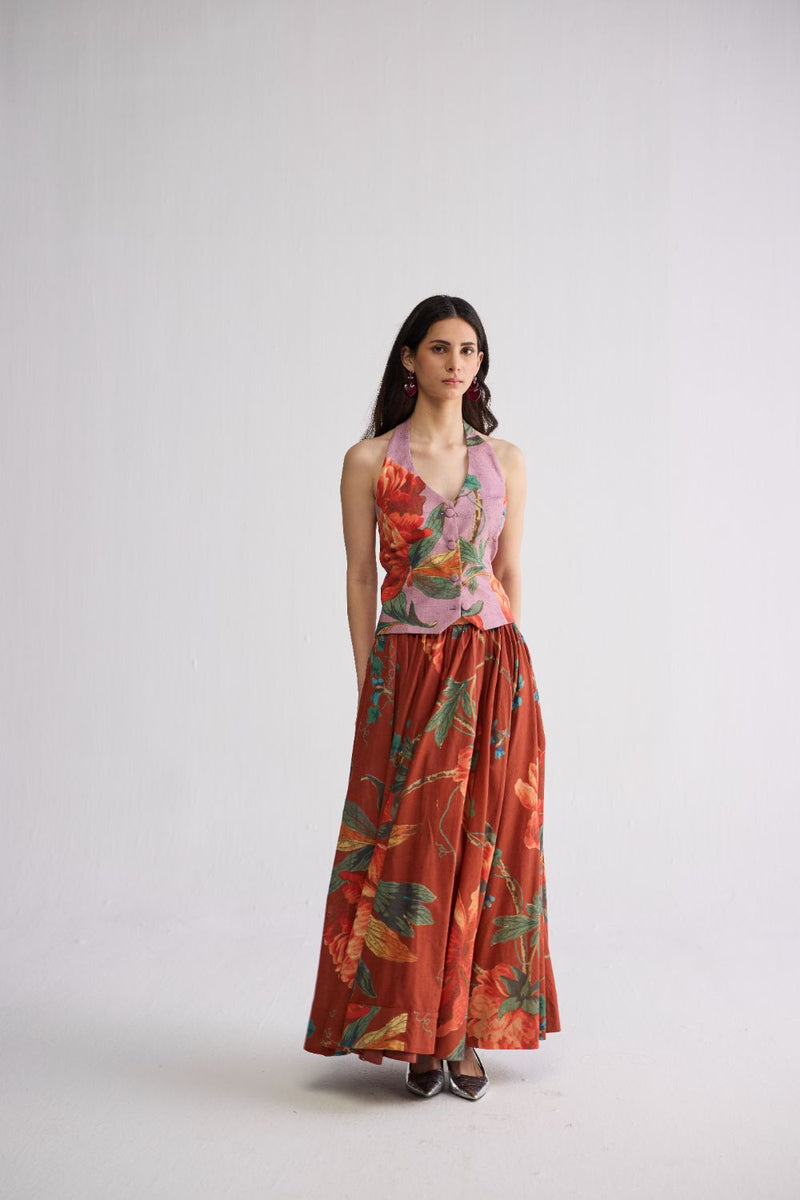 VINE & BERRY HALTERNECK WAISTCOAT & SKIRT SET cotton cambric co-ord set by YAM in red & purle for women Worldwide