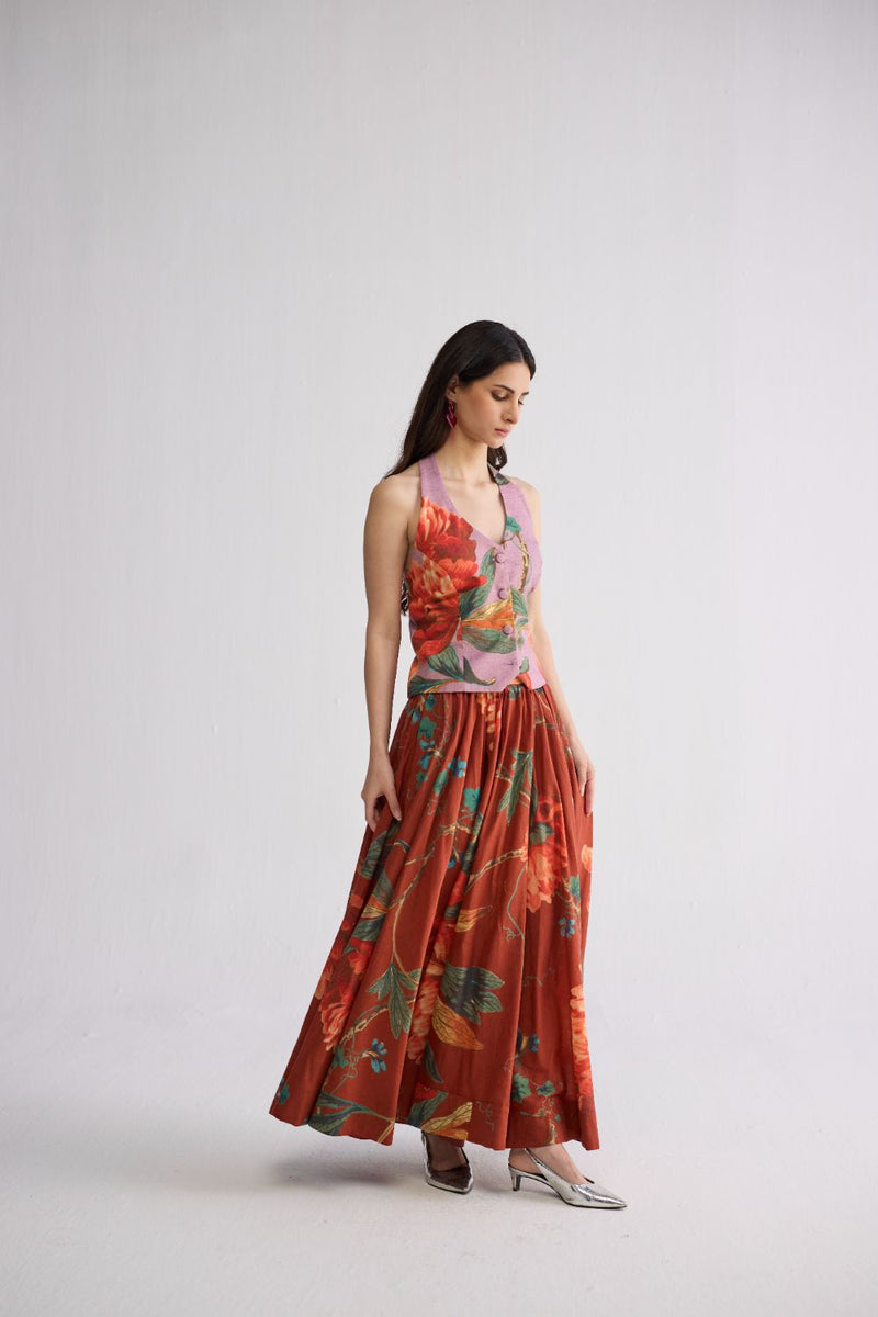 VINE & BERRY HALTERNECK WAISTCOAT & SKIRT SET cotton cambric co-ord set by YAM in red & purle for women Worldwide
