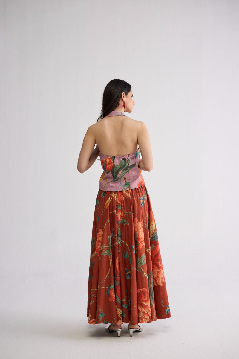 VINE & BERRY HALTERNECK WAISTCOAT & SKIRT SET cotton cambric co-ord set by YAM in red & purle for women Worldwide