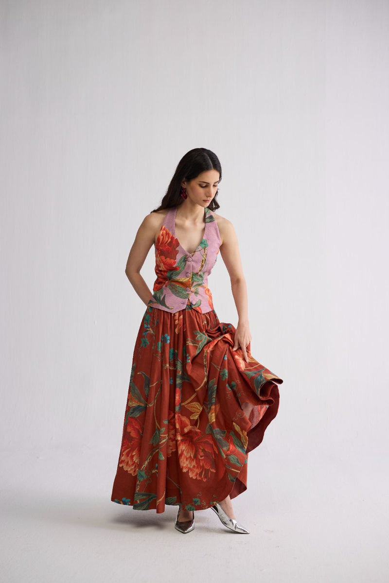 VINE & BERRY HALTERNECK WAISTCOAT & SKIRT SET cotton cambric co-ord set by YAM in red & purle for women Worldwide