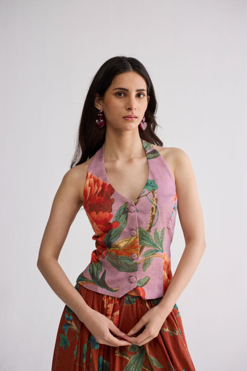 VINE & BERRY HALTERNECK WAISTCOAT & SKIRT SET cotton cambric co-ord set by YAM in red & purle for women Worldwide