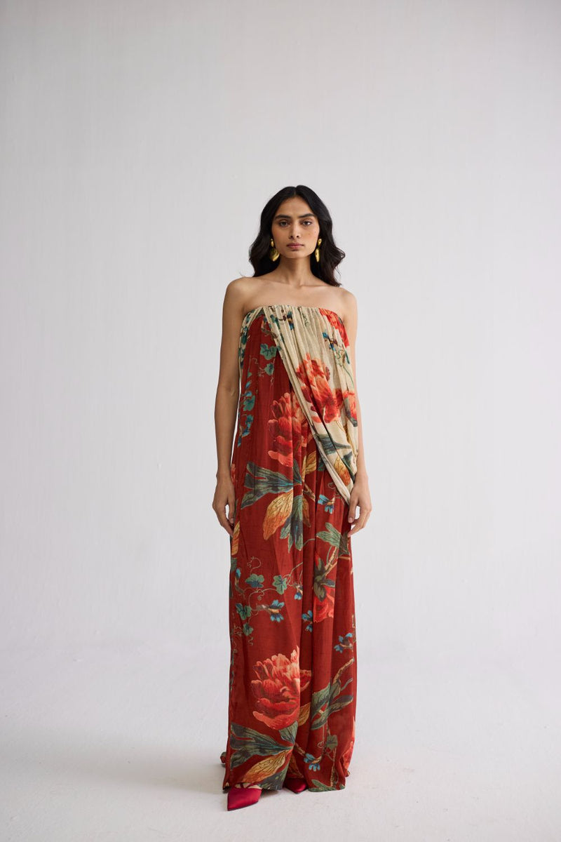 VINE CREPE DRAPED DRESS crepe dress by YAM in white & red for women Worldwide