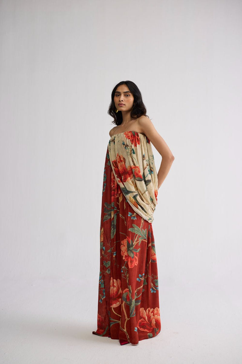 VINE CREPE DRAPED DRESS crepe dress by YAM in white & red for women Worldwide