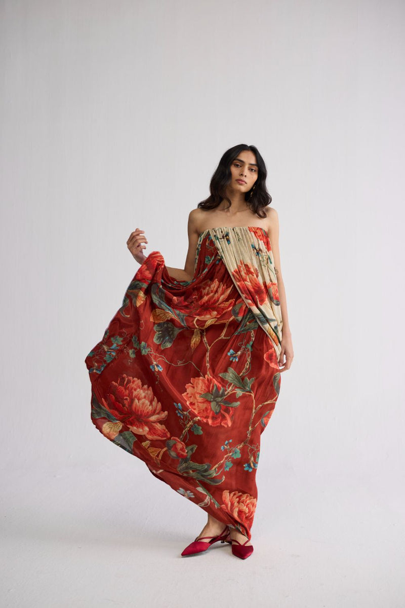 VINE CREPE DRAPED DRESS crepe dress by YAM in white & red for women Worldwide