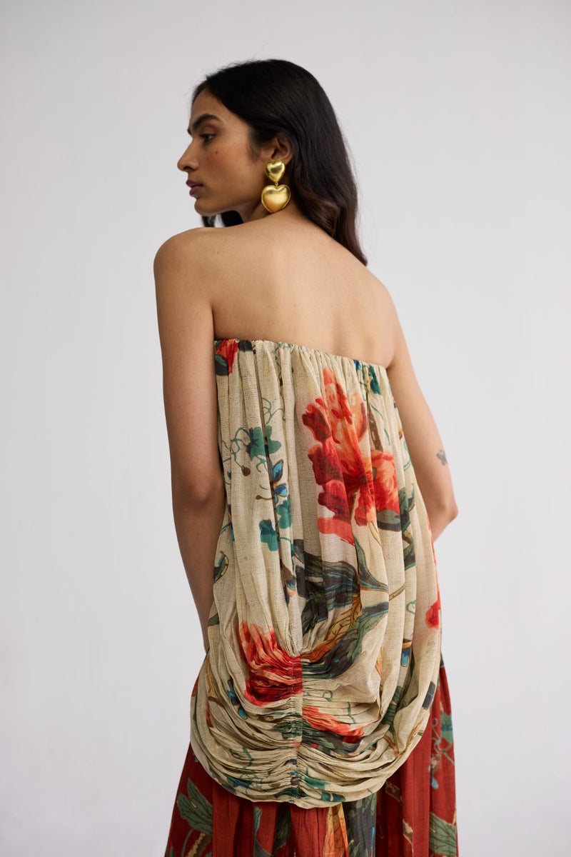 VINE CREPE DRAPED DRESS crepe dress by YAM in white & red for women Worldwide