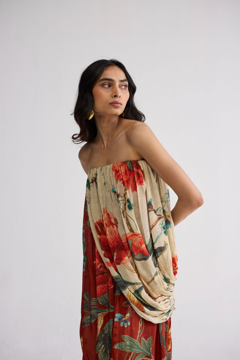 VINE CREPE DRAPED DRESS crepe dress by YAM in white & red for women Worldwide