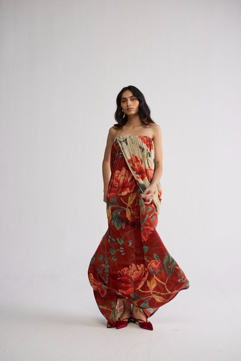 VINE CREPE DRAPED DRESS crepe dress by YAM in white & red for women Worldwide