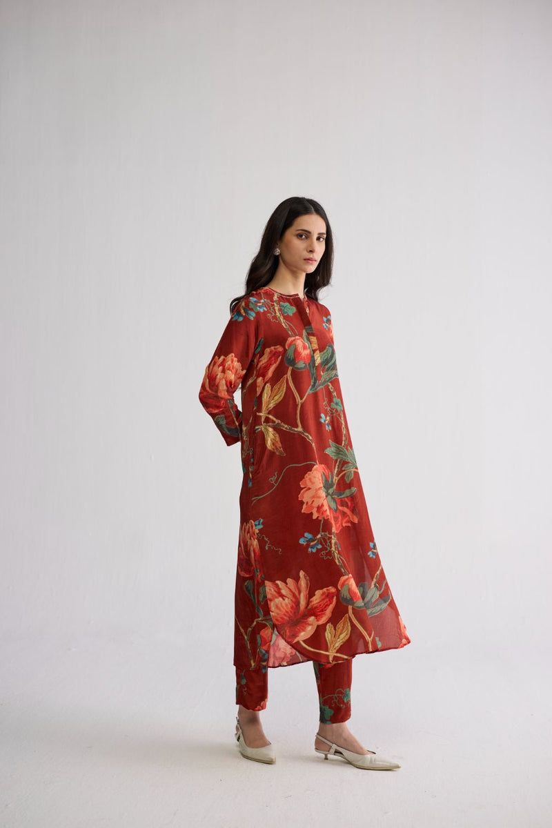 VINE LONG KURTA SET crepe kurta/kurta set by YAM in red for women Worldwide