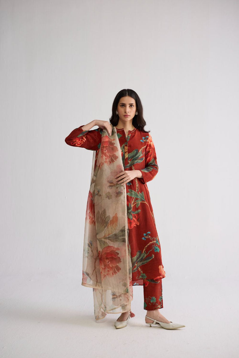 VINE LONG KURTA SET crepe kurta/kurta set by YAM in red for women Worldwide