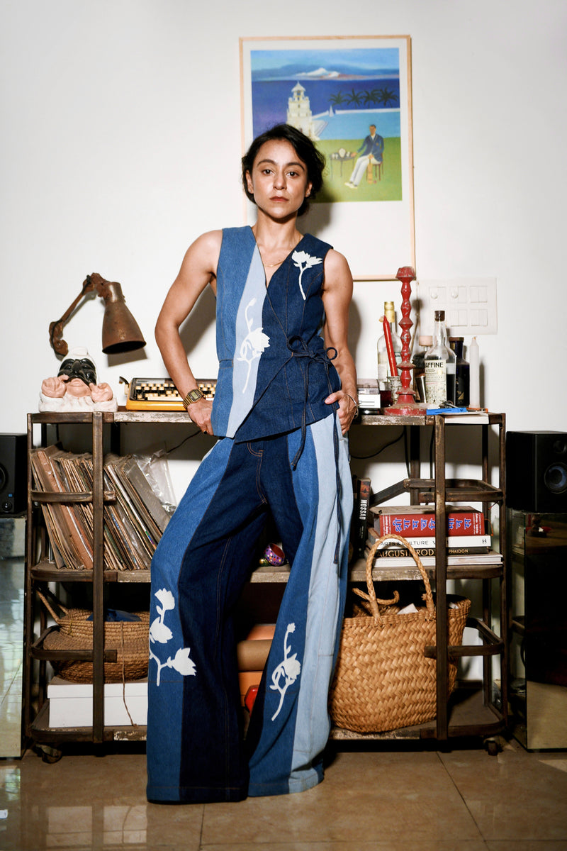Ember Denim Panelled Pants denim pant/trouser by Doodlage in blue for women Worldwide