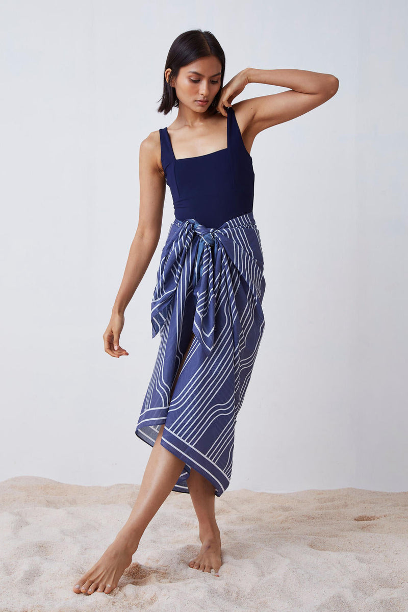 Window Pane Print Sarong - Blue and White Lounge Wear by The Summer House for women Worldwide