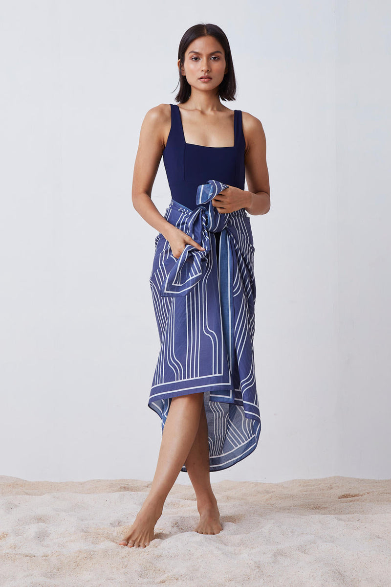Window Pane Print Sarong - Blue and White Lounge Wear by The Summer House for women Worldwide