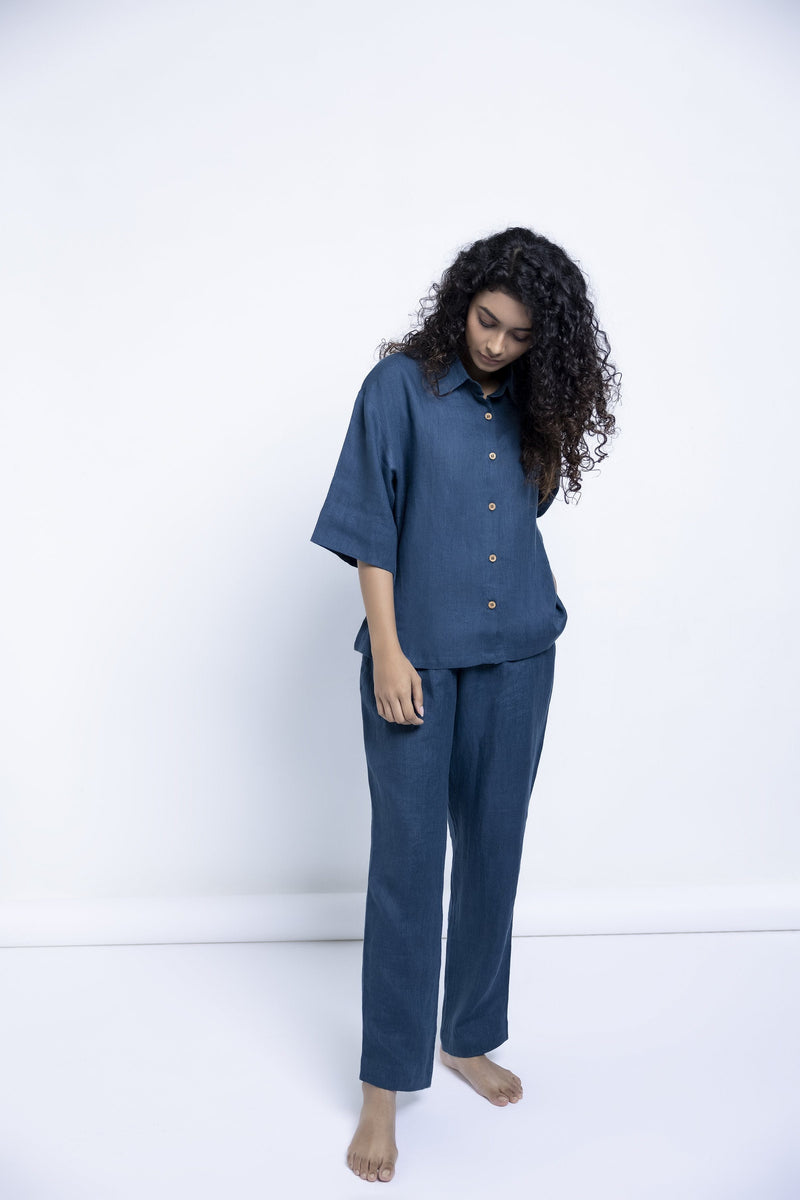 Women's Indigo Linen Pyjama set linen by Saphed for women Worldwide