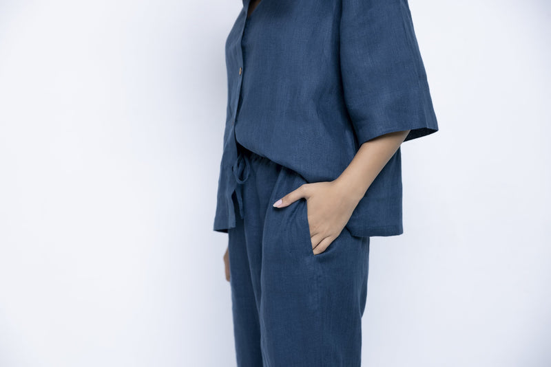 Women's Indigo Linen Pyjama set linen by Saphed for women Worldwide