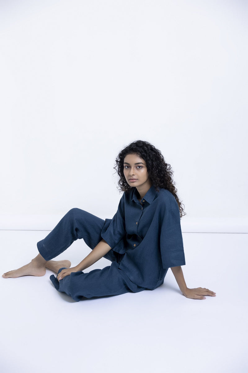 Women's Indigo Linen Pyjama set linen by Saphed for women Worldwide