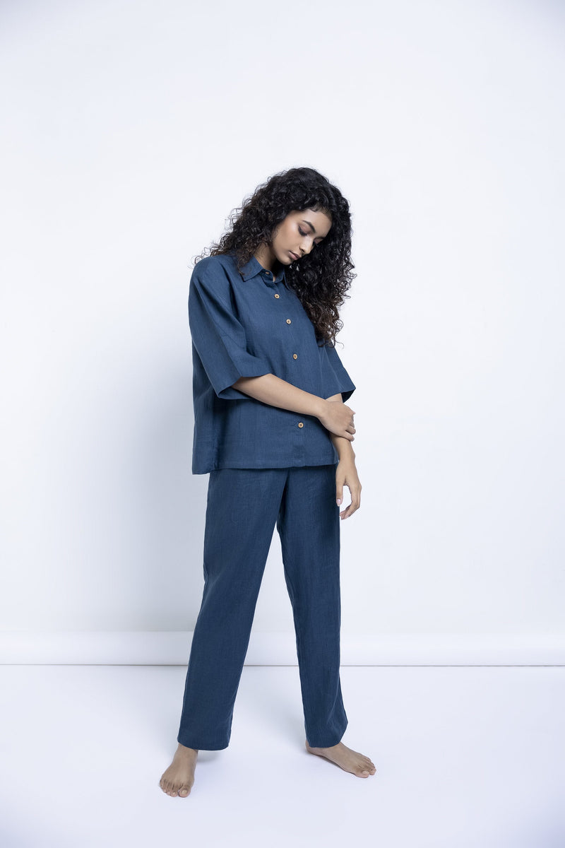 Women's Indigo Linen Pyjama set linen by Saphed for women Worldwide