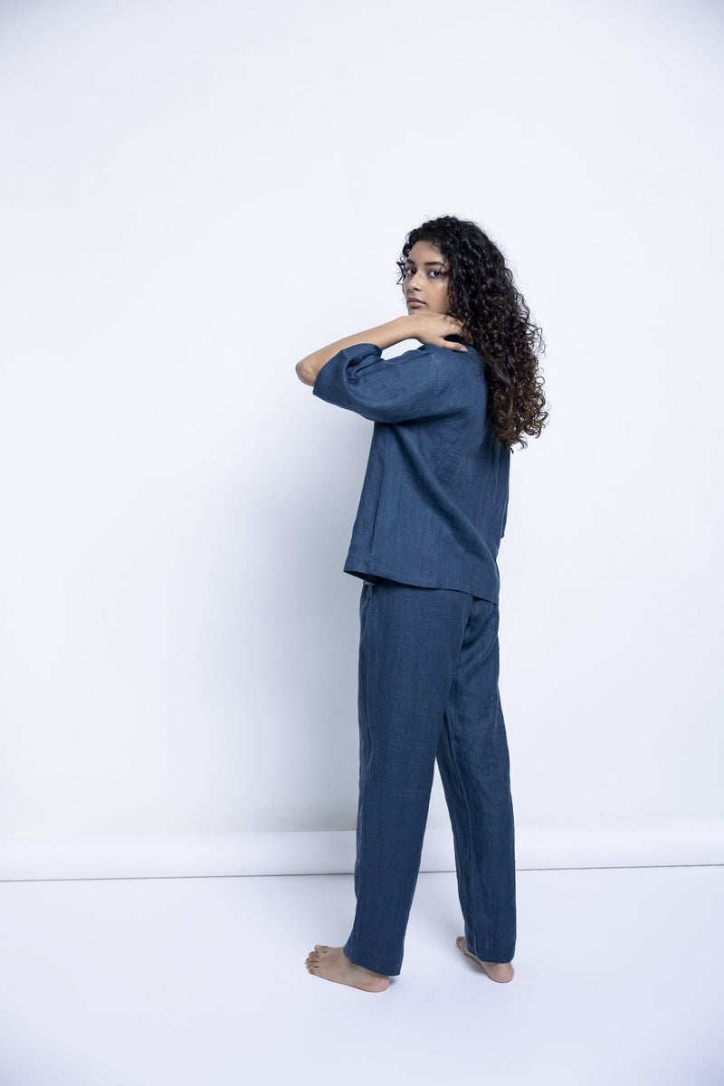 Women's Indigo Linen Pyjama set linen by Saphed for women Worldwide