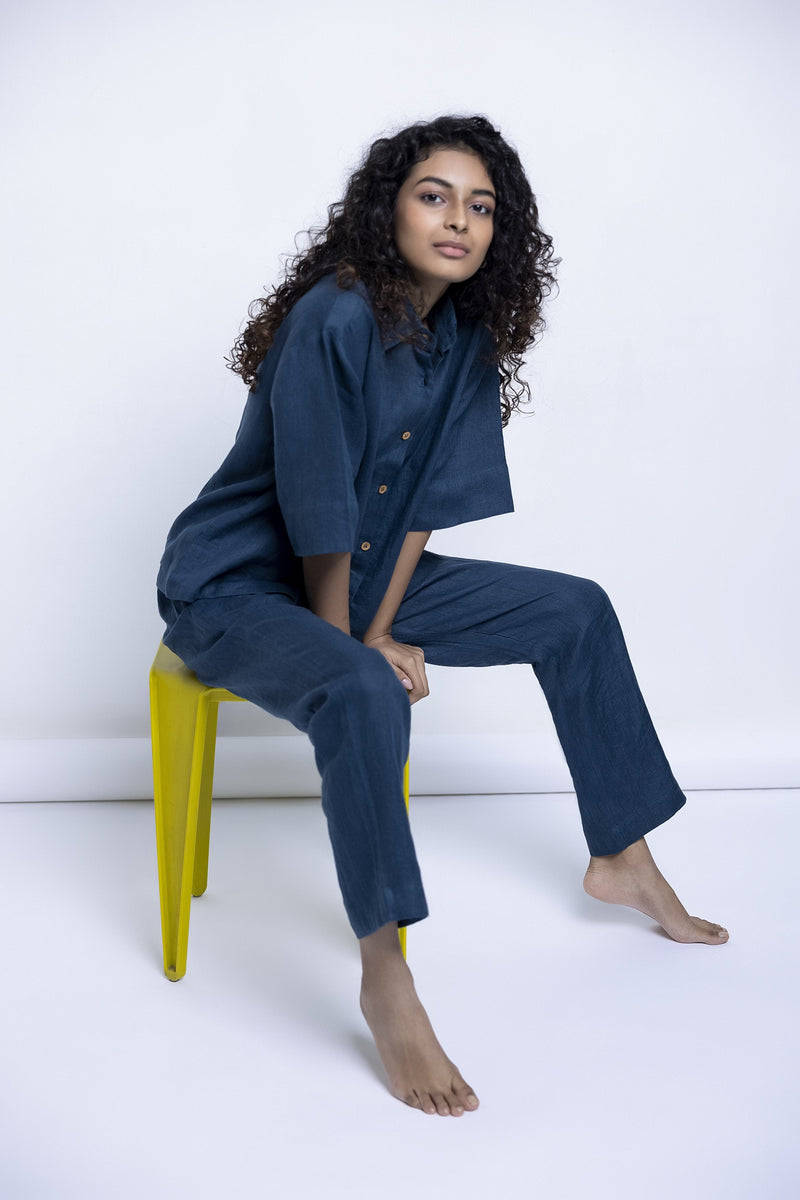 Women's Indigo Linen Pyjama set linen by Saphed for women Worldwide