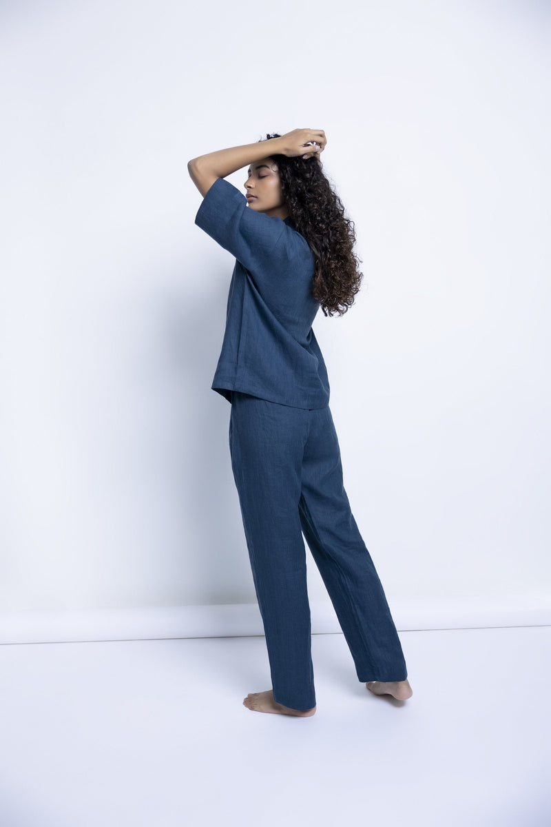 Women's Indigo Linen Pyjama set linen by Saphed for women Worldwide