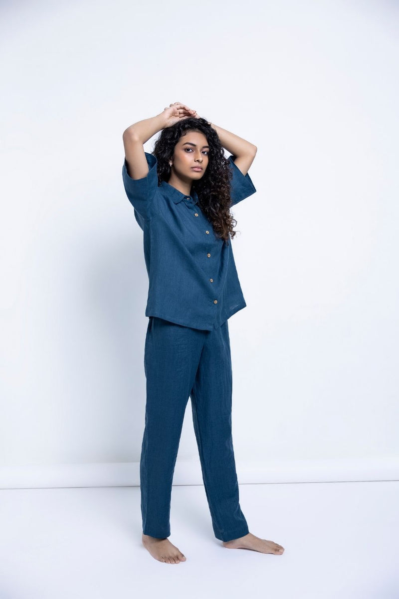 Women's Indigo Linen Pyjama set linen by Saphed for women Worldwide