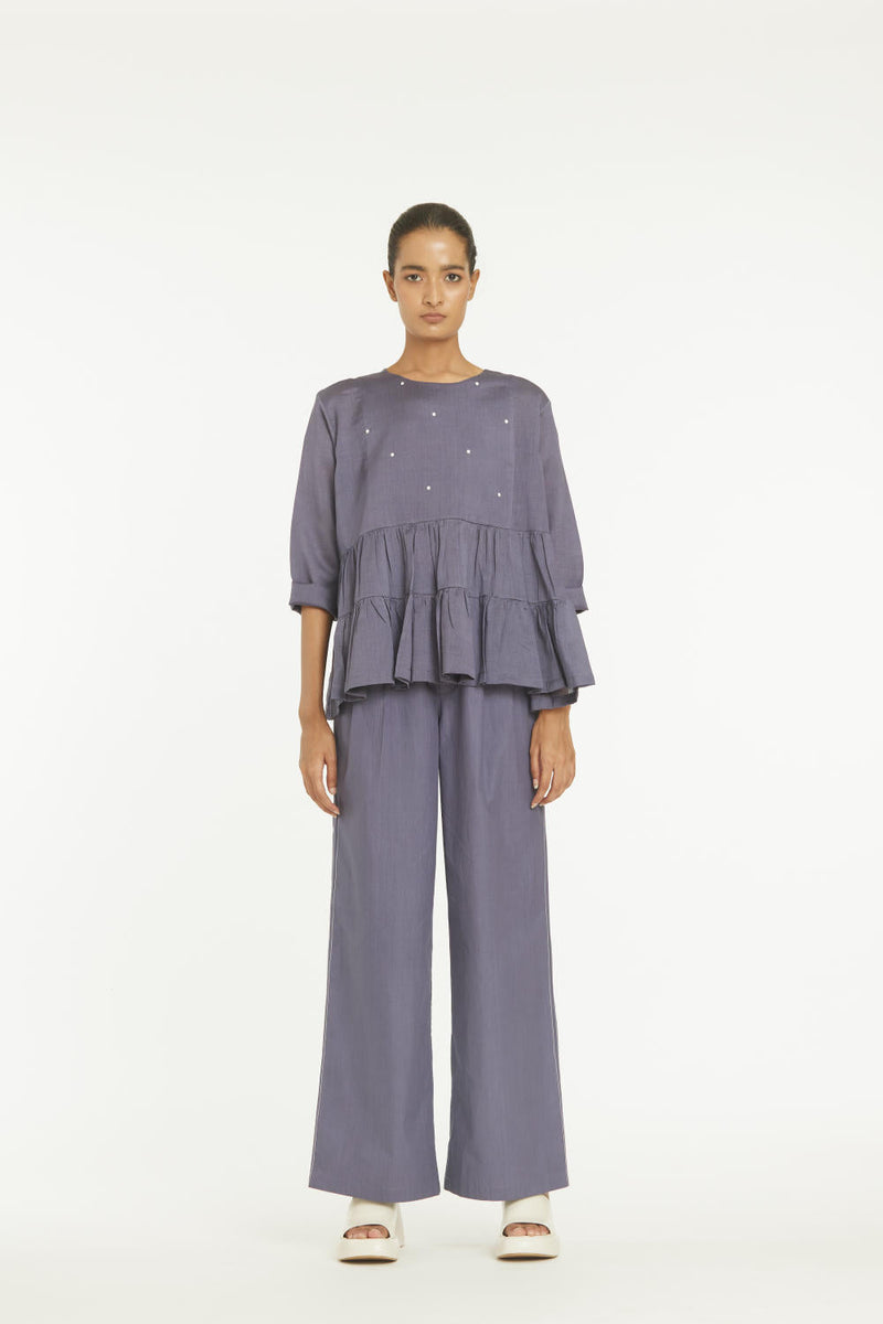 Yoke Frill Top Co-ord Violet Co-ord Set,Bottoms,Top & Tunics by THREE for women Worldwide