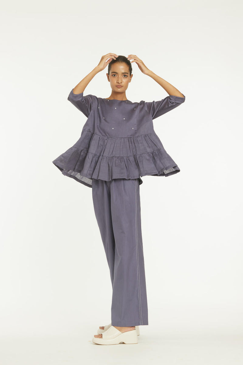 Yoke Frill Top Co-ord Violet Co-ord Set,Bottoms,Top & Tunics by THREE for women Worldwide