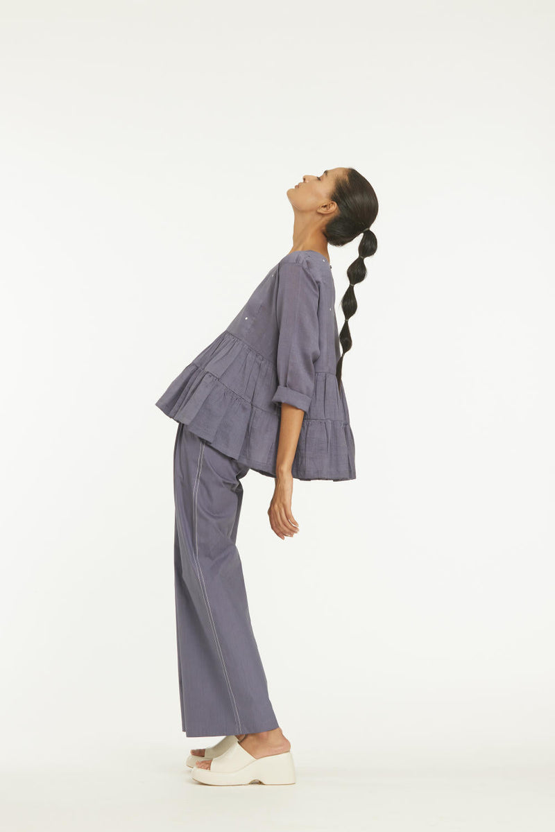 Yoke Frill Top Co-ord Violet Co-ord Set,Bottoms,Top & Tunics by THREE for women Worldwide