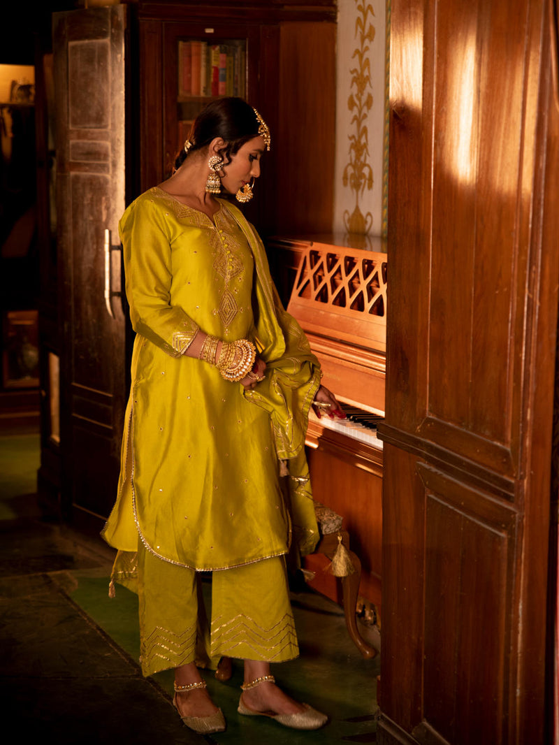 Zara - Panna Chanderi Silk Kurta Pant Set Kurta Sets by Maison Shefali for women Worldwide