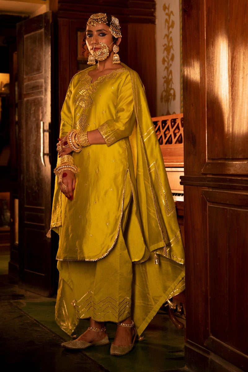Zara - Panna Chanderi Silk Kurta Pant Set Kurta Sets by Maison Shefali for women Worldwide