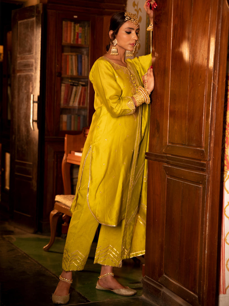 Zara - Panna Chanderi Silk Kurta Pant Set Kurta Sets by Maison Shefali for women Worldwide