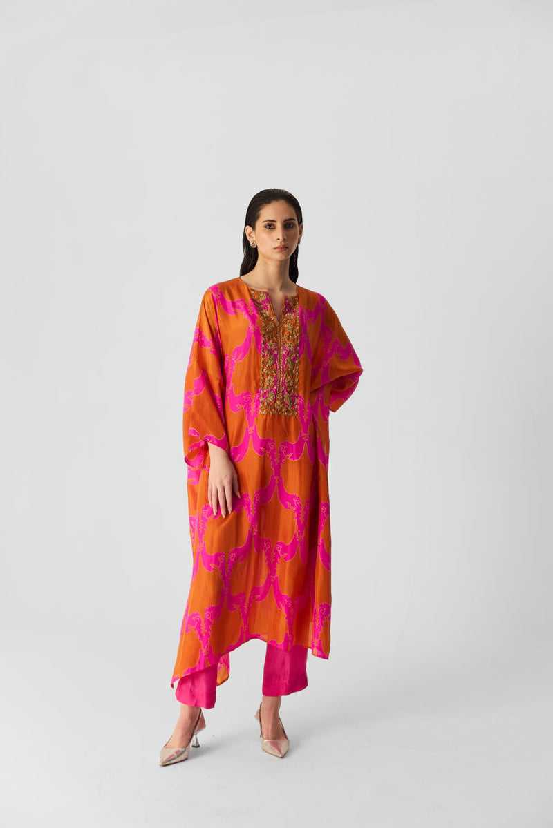 ZUZI ORANGE KAFTAN SET silk by Yam in multi color for women Worldwide