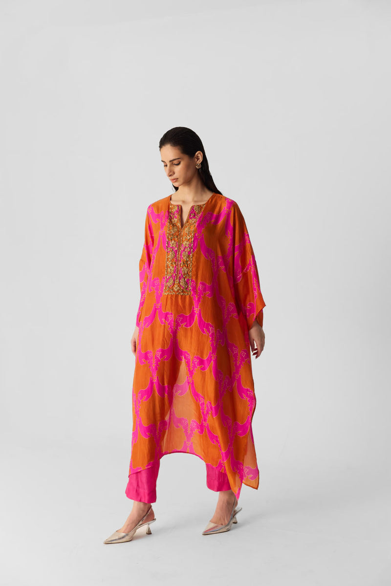 ZUZI ORANGE KAFTAN SET silk by Yam in multi color for women Worldwide