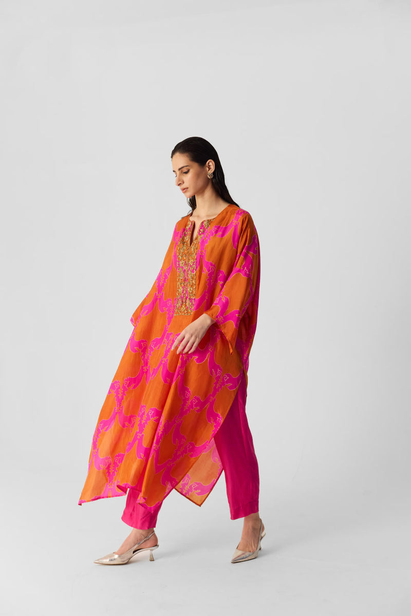 ZUZI ORANGE KAFTAN SET silk by Yam in multi color for women Worldwide