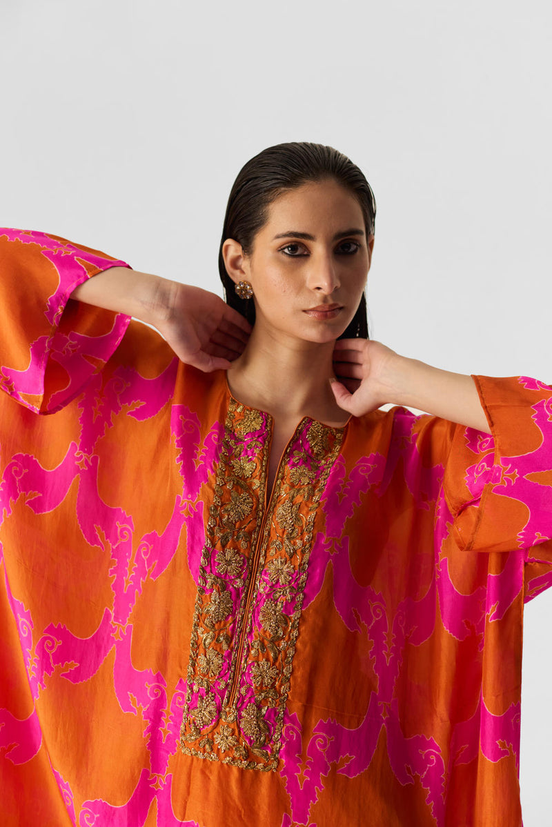 ZUZI ORANGE KAFTAN SET silk by Yam in multi color for women Worldwide
